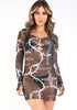 Black barbed wire printed mesh dress by Puce Juniper featuring a crew neck, long sleeves, and O-ring details.