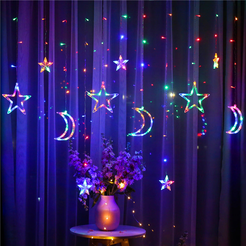 Teal Simba moon and star string lamp with remote control, decorative Christmas lighting, ideal for festive room decor.