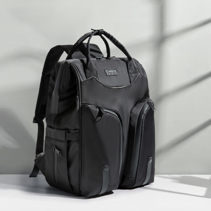 Carmine Juneberry SmartMom Travel+ diaper backpack with multiple compartments and adjustable straps, designed for moms on the go.