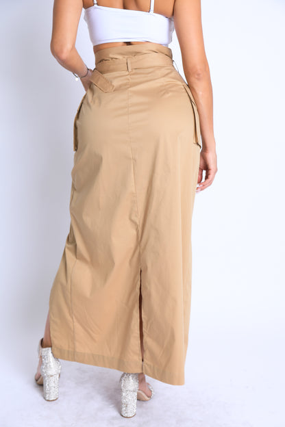 Puce Juniper asymmetric maxi skirt with self belt, pocket details, suitable for formal and casual wear, shown from the front.