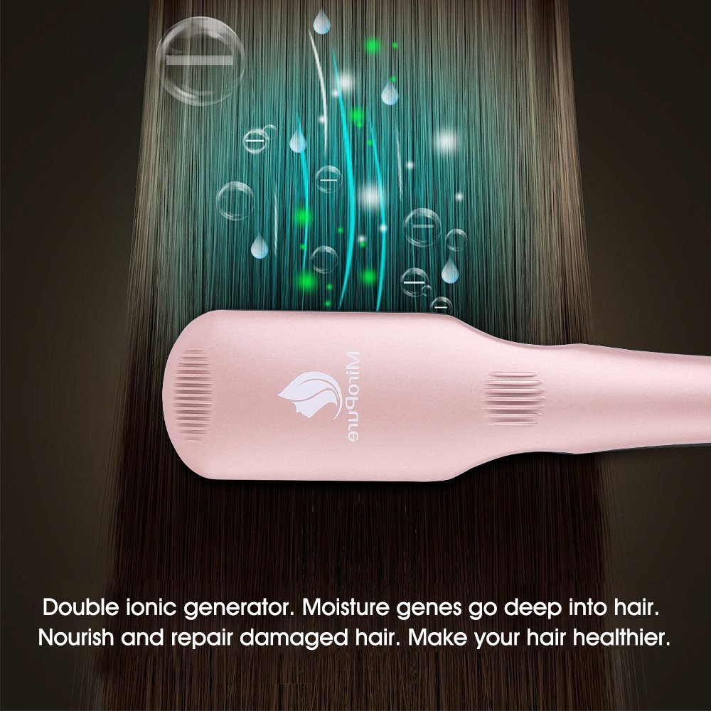 Lilac Milo Miropure 2-in-1 Ionic Hair Straightener Brush with sleek design and ceramic bristles for smooth, straight hair.