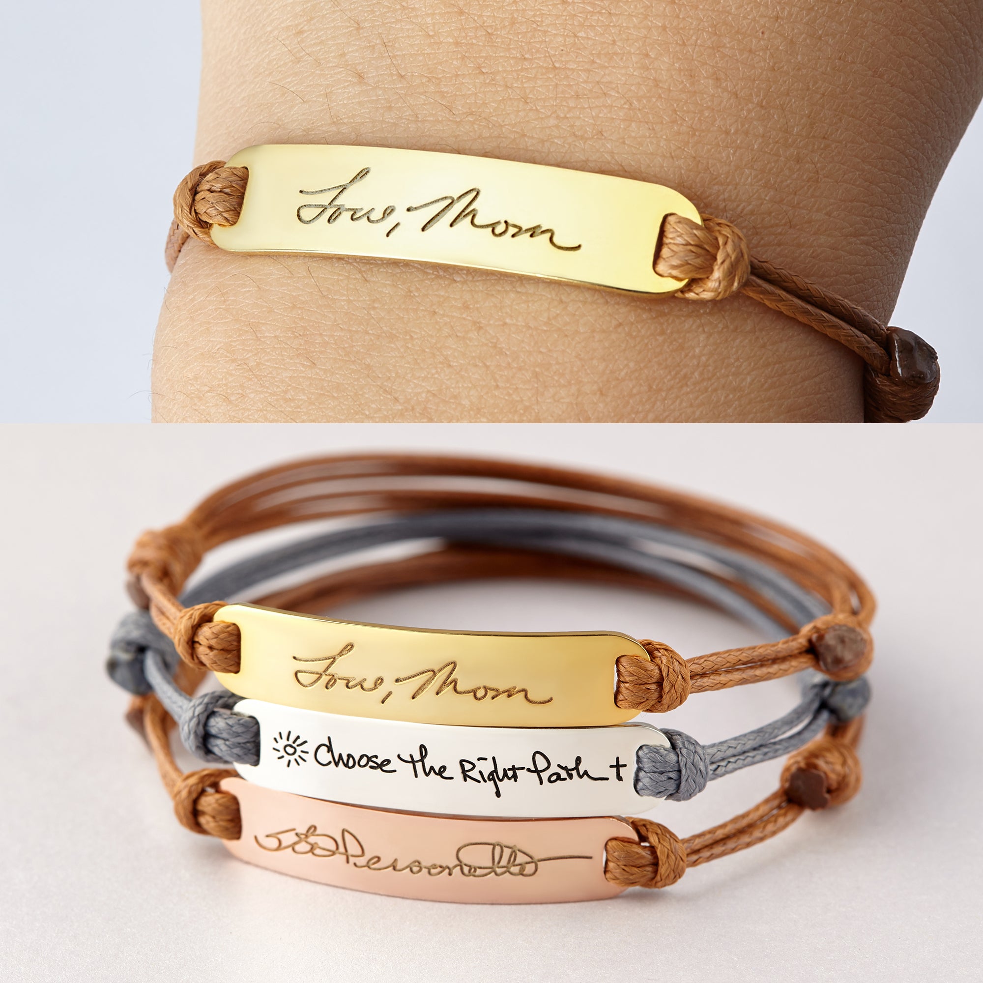 Personalized Green Millie handwriting bracelet featuring a handwritten signature engraved on a delicate jewelry bracelet.