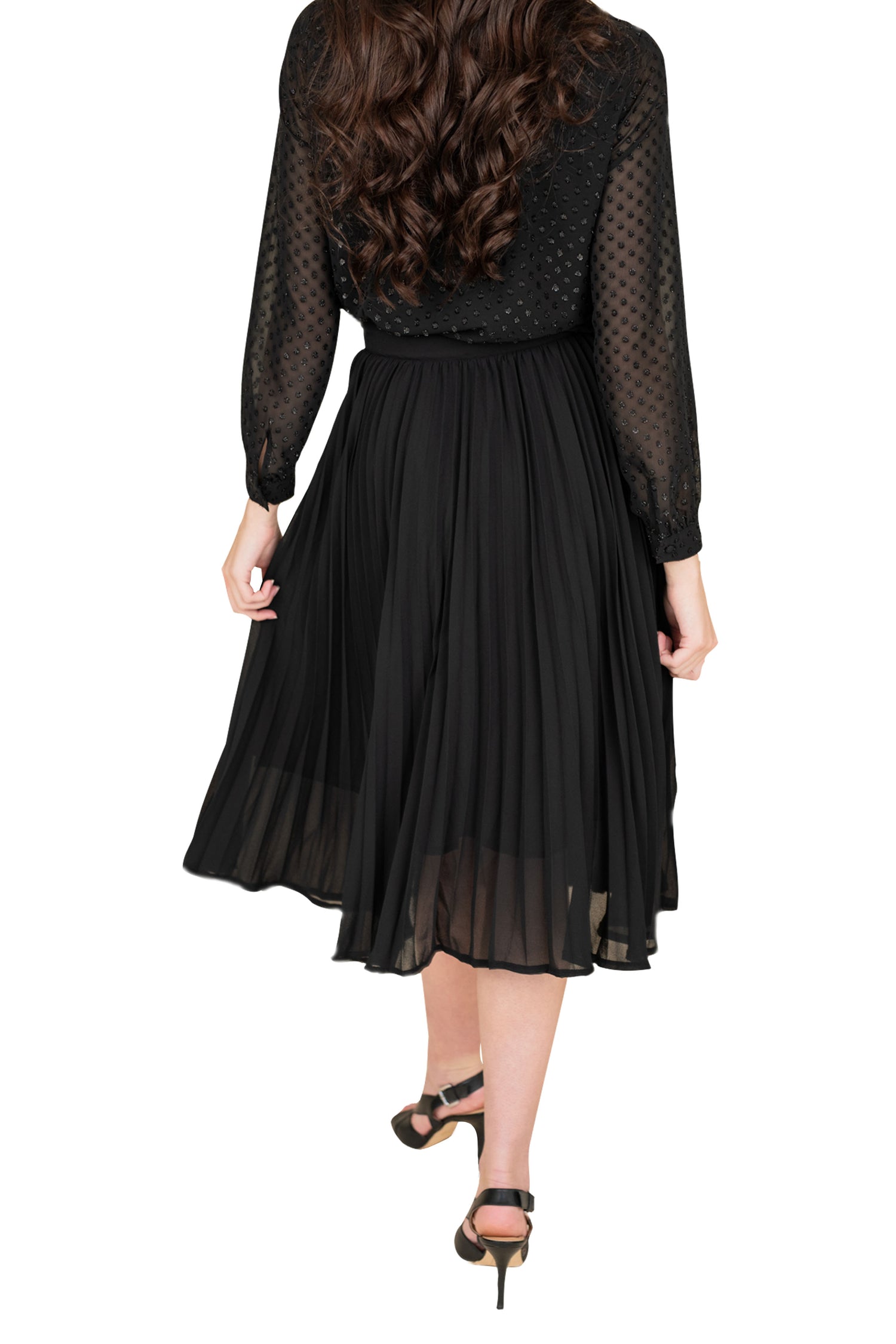 Gray Eos crushed chiffon skirt with flowing, lightweight fabric and gathered waist, displayed on a model.
