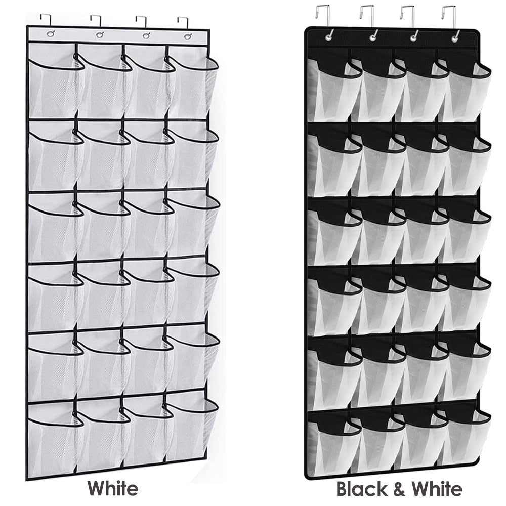 Turquoise Pandion over door shoe storage organizer with 24 pockets hanging on a door for closet organization.