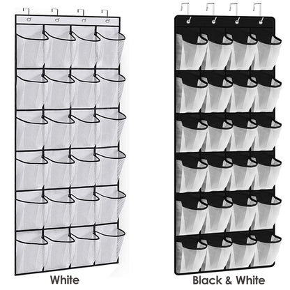 Turquoise Pandion over door shoe storage organizer with 24 pockets hanging on a door for closet organization.