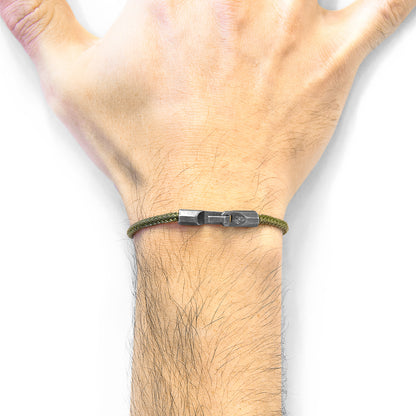 Khaki green Talbot silver and rope bracelet by Magenta Sooty with intricate silver accents and braided rope design.