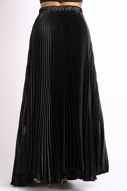 Black Puce Juniper satin maxi skirt with high waist, elastic band, A-line pleats, ideal for formal and prom occasions.