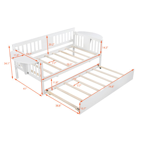Twin wooden daybed with trundle sofa bed by Teal Simba, featuring a sturdy frame, cozy bedding, and a functional pull-out trundle.