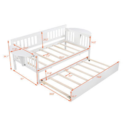 Twin wooden daybed with trundle sofa bed by Teal Simba, featuring a sturdy frame, cozy bedding, and a functional pull-out trundle.