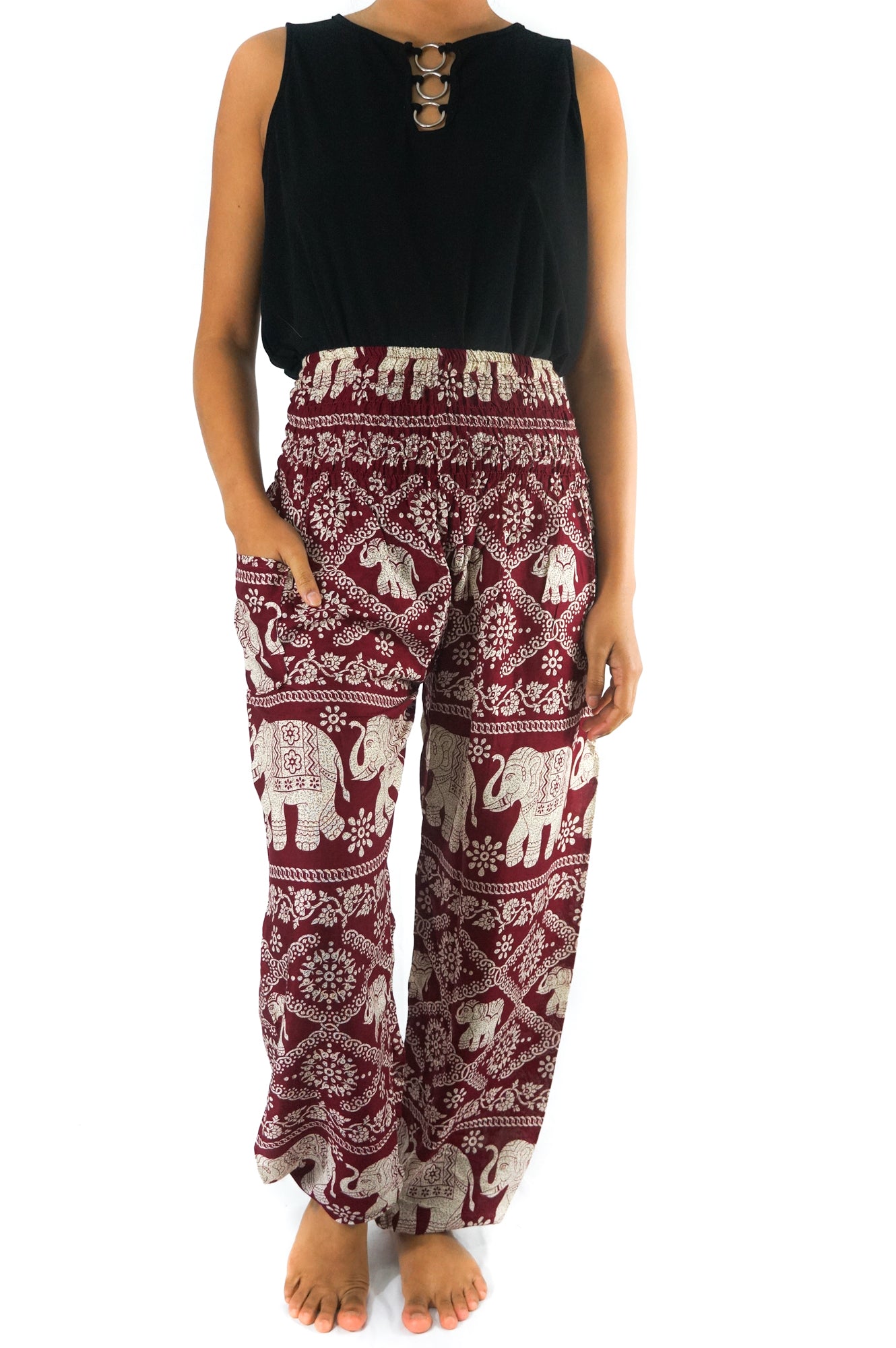 Burgundy boho elephant print pants for women, Tan Smokey brand, featuring relaxed hippie style and yoga-ready comfort.