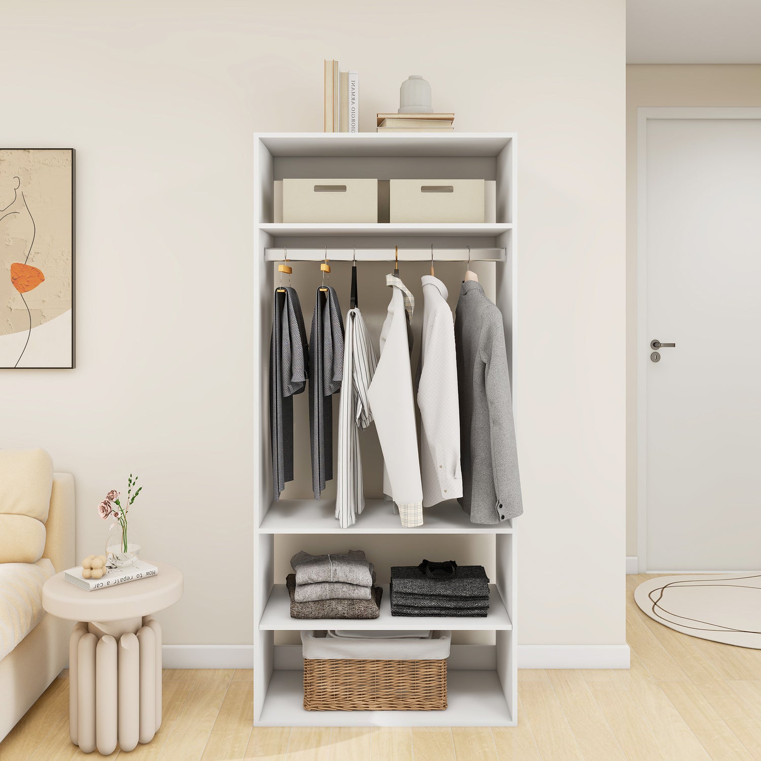 A5 Modular Wooden Closet Organizer System by Mauve Snowdrop, showcasing a sleek wooden storage solution for bedroom organization.