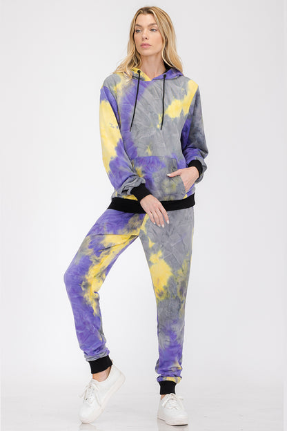 Women’s cotton tie-dye lounge wear sweat set by Lime Milo, featuring a comfortable matching top and bottom in vibrant tie-dye pattern.