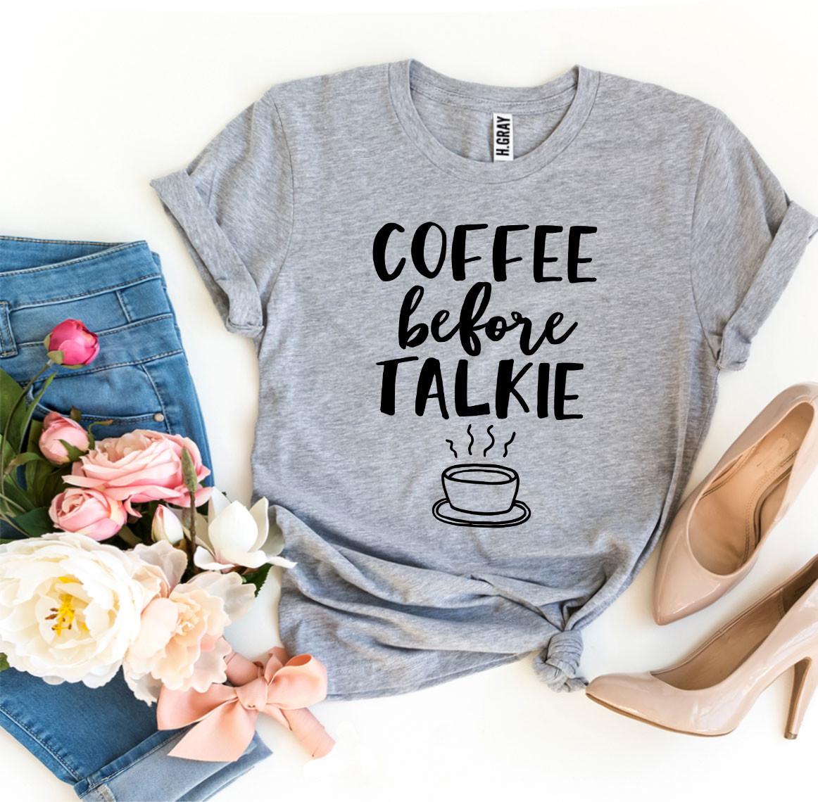 Agate Coffee Before Talkie T-shirt showing a casual fit with printed text design on soft cotton fabric.