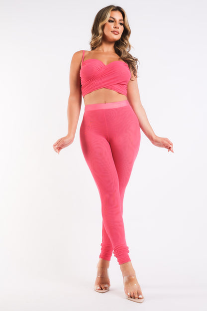 Fuchsia Puce Juniper mesh contrast sports matching set with strappy sleeve top and leggings, casual and stylish activewear.
