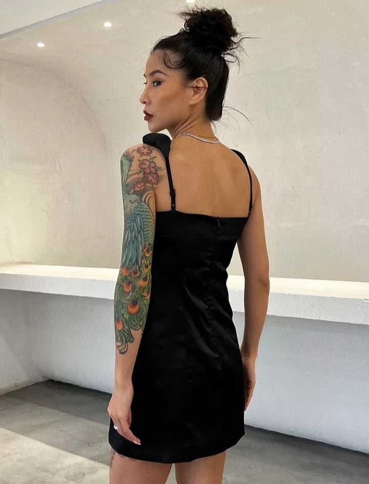 Women’s sleeveless high waist solid minimalist dress with square collar by Mauve Ananke, featuring a sleek, elegant design.