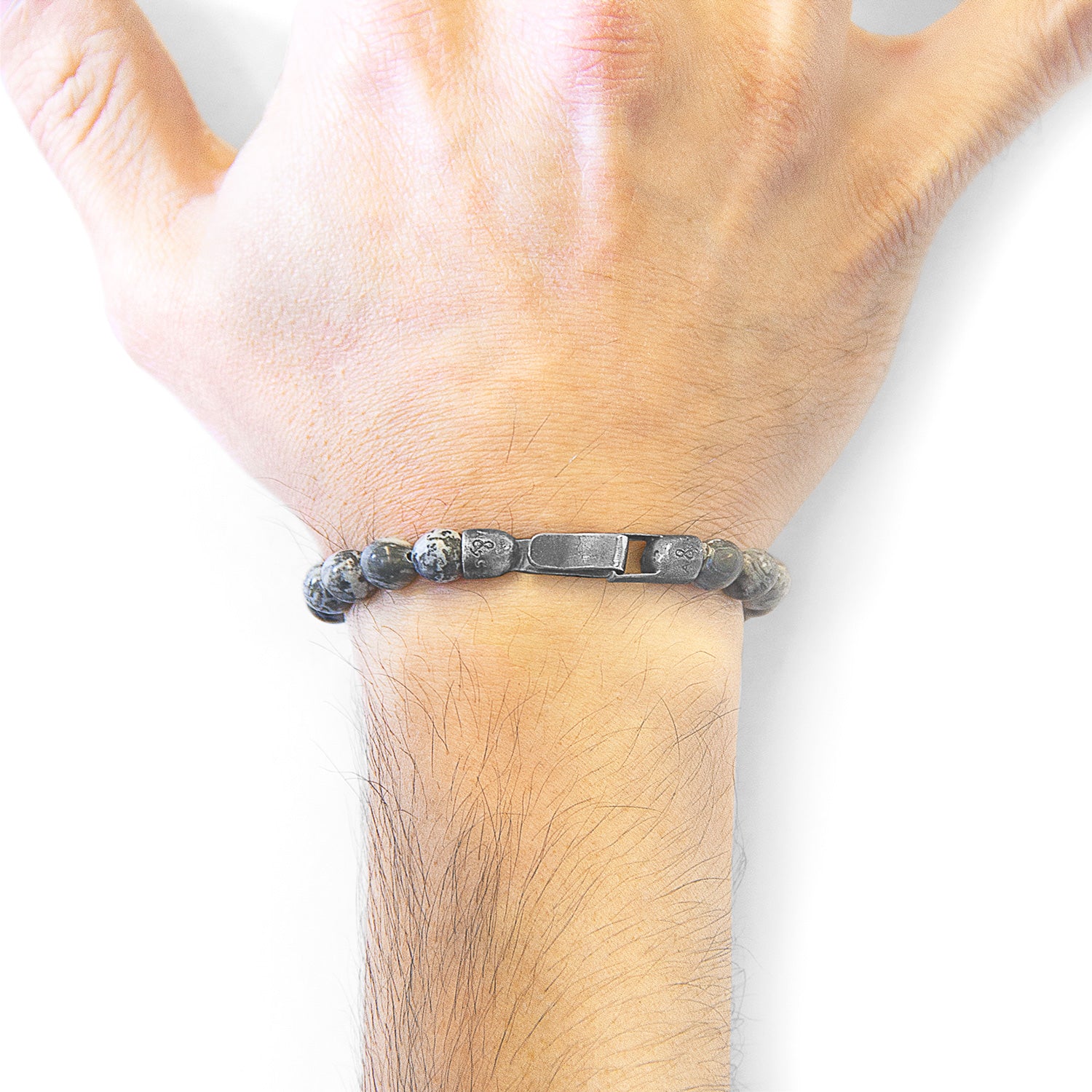 Grey Jasper Nachi silver and stone beaded bracelet with intricate bead details, designed by Magenta Sooty.