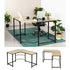 Teal Simba L-shaped computer desk with wood finish, designed for home office use, featuring spacious surface for PC and laptop.