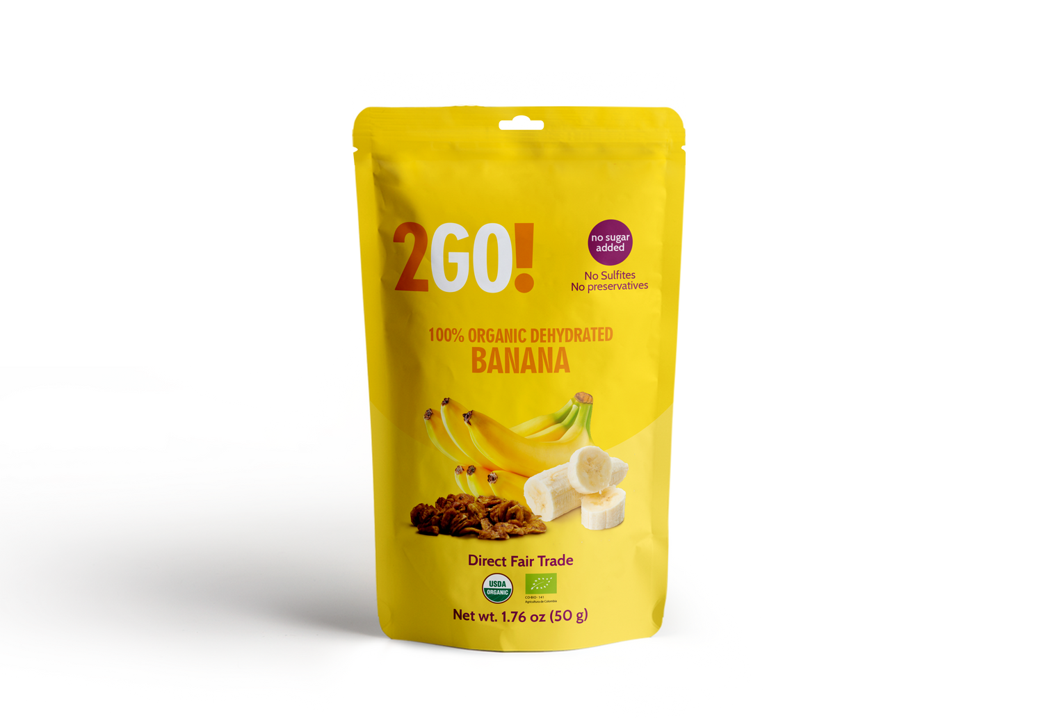 Maroon Hades 2GO! ® Organic Dried Bananas in a clear container showing golden dried banana slices.