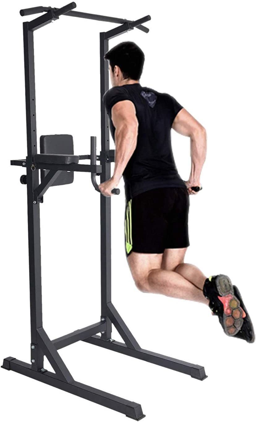 Teal Simba power tower with pull-up bars and dip station for strength training and upper body workouts.