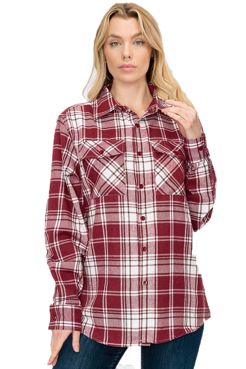 Lime Milo oversized boyfriend plaid checkered flannel top with a relaxed fit, featuring classic red and black checkered pattern.