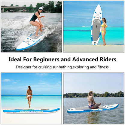 Inflatable 11-foot paddle board by Lilac Milo, designed for surfing and water sports, shown inflated on water.