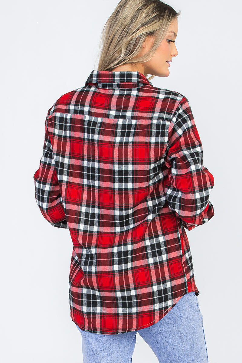 Lime Milo oversized boyfriend plaid checkered flannel top, relaxed fit with button-up front and classic pattern, casual and cozy style.