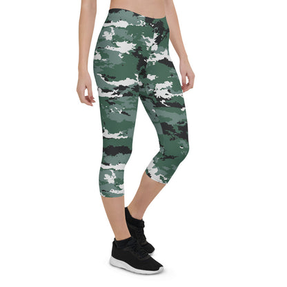 Earth green camo capri leggings for women by Maroon Sooty, activewear with a stylish camouflage pattern and comfortable fit.