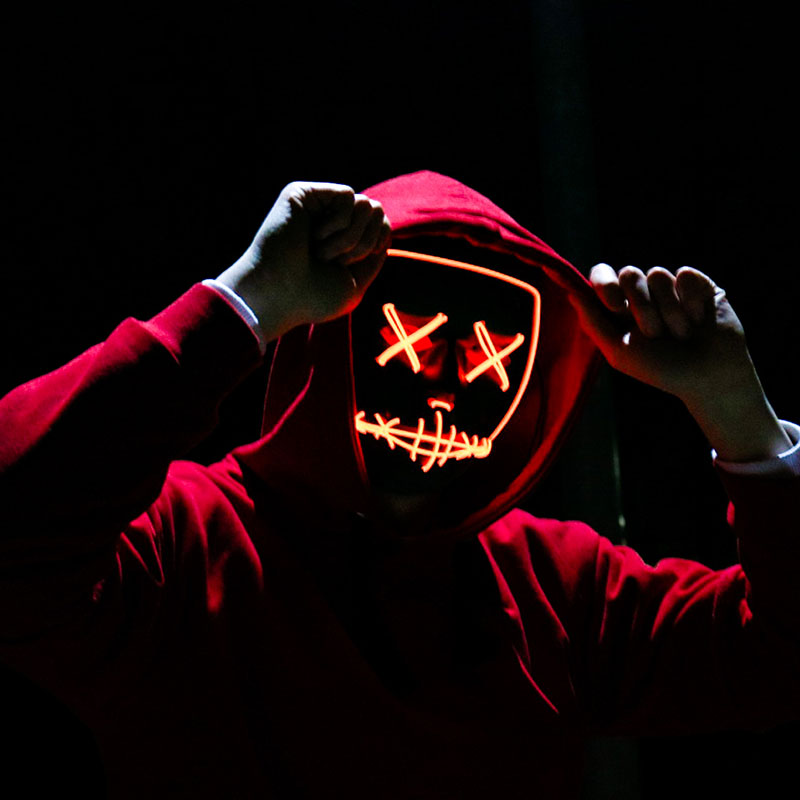 Lilac Milo neon glow LED mask for Halloween cosplay, featuring vibrant illuminated design perfect for spooky costumes.