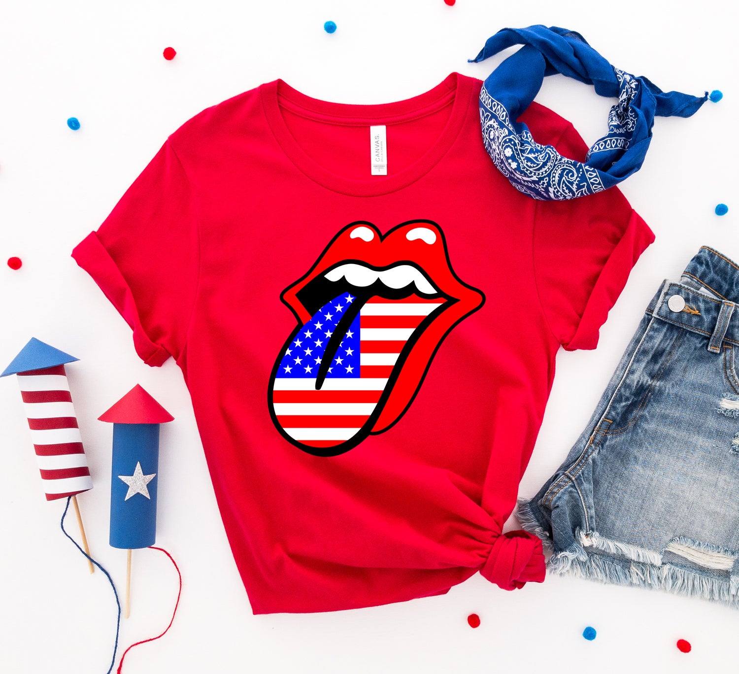 USA Lips 4th of July T-shirt by Agate featuring a patriotic graphic of lips with American flag design on soft cotton fabric.