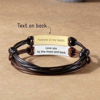 Green Millie fingerprint handwriting bracelet for men, close-up of engraved personalized writing on stylish bracelet.