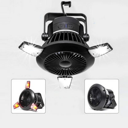 Lilac Milo foldable fan and portable LED solar camping lantern with hook for outdoor activities and camping.