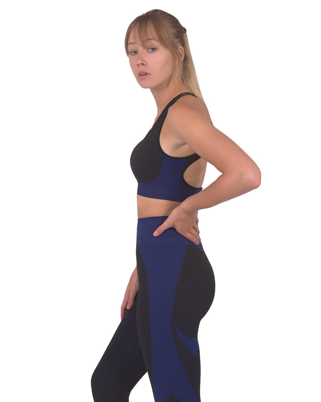 Lazurite Trois seamless sports bra in black with navy accents, activewear for comfortable support during workouts