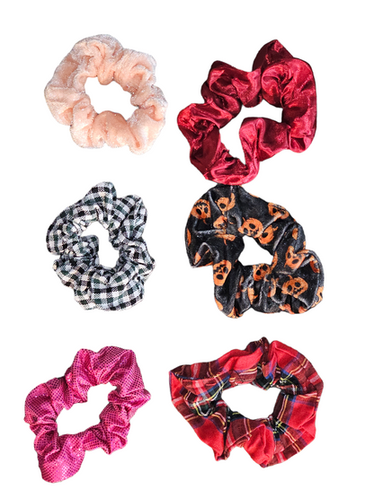 Set of 15 assorted designer hair scrunchies from Sky Pandion featuring trendy patterns, made of soft, colorful fabric accessories.