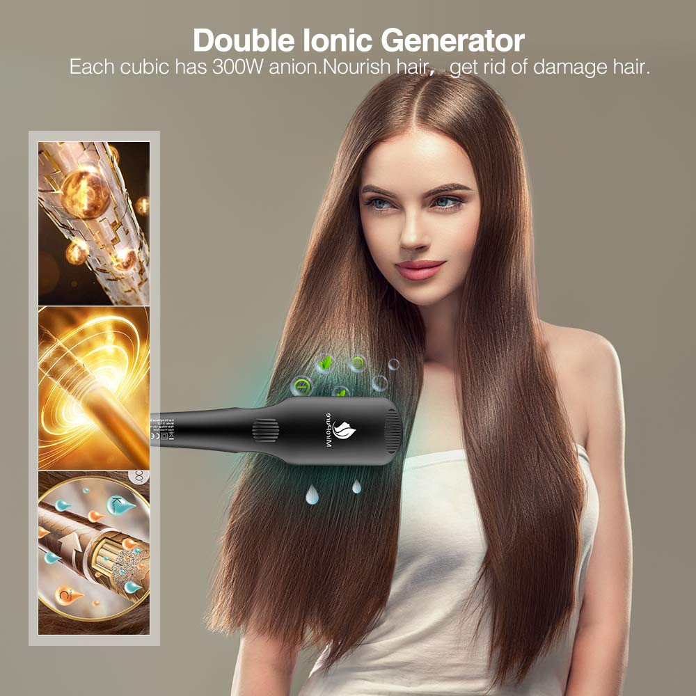 Lilac Milo Miropure enhanced hair straightener brush with anti-scald design, showing the sleek black and rose gold styling tool in use.