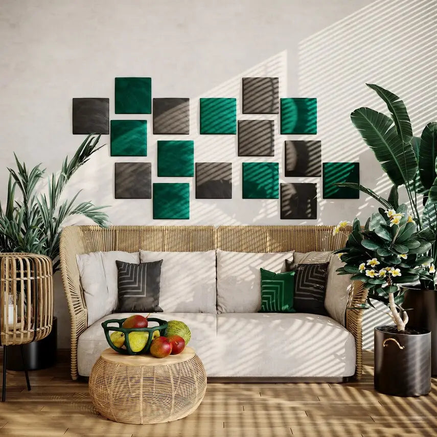 Red Rosemary upholstered acoustic wall panels for home decor, featuring soundproof and sound-absorbing fabric-covered panels.
