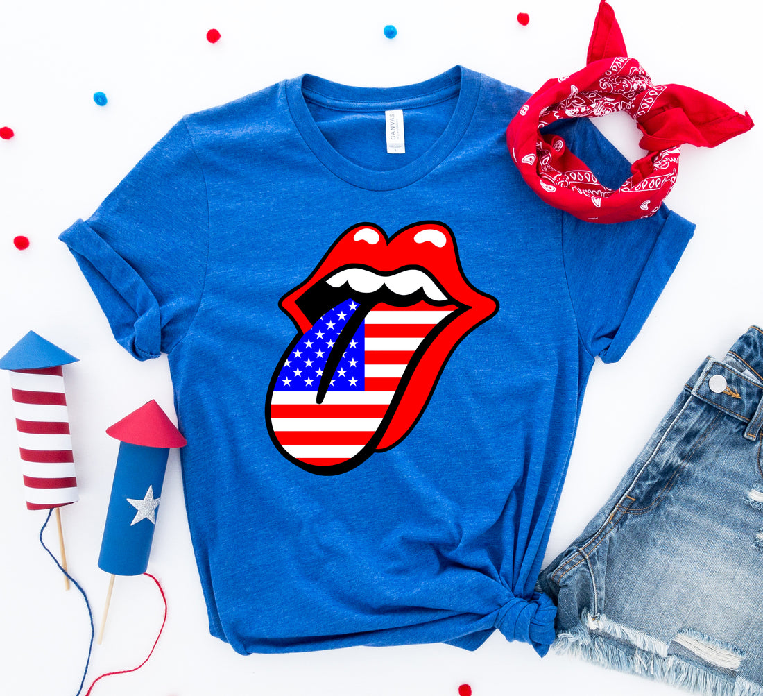 USA Lips 4th of July T-shirt by Agate showing patriotic design with red, white, and blue lips on a casual cotton T-shirt.