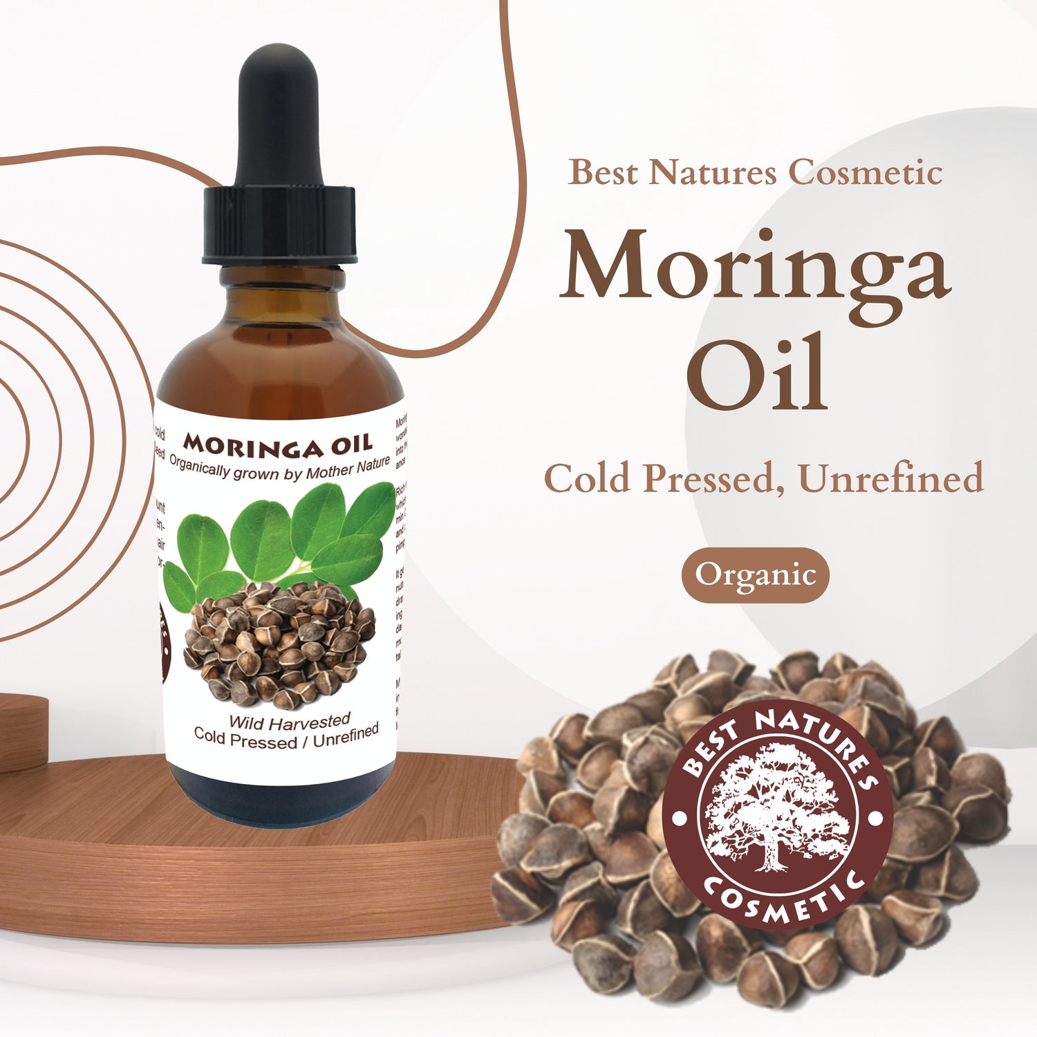 Organic Yellow Poppy Moringa Seed Oil for skincare, cold pressed and unrefined in a clear glass bottle with a dropper.