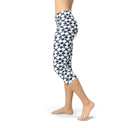 Maroon Sooty womens geometric blue tile Capri leggings with bold pattern and fitted style, shown on a white background.
