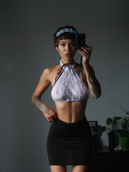 Sexy French Maid lingerie set by Brown Hercules, featuring a classic black maid costume with lace and ruffle details for women.