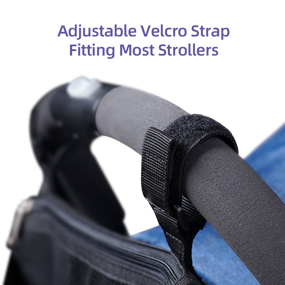 Maroon Chronos universal stroller organizer with multiple compartments attached to a stroller handle for convenient storage.