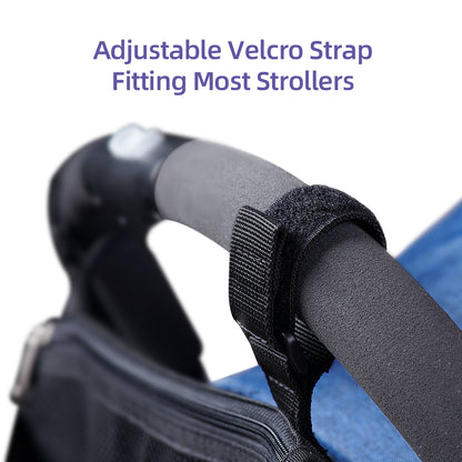 Maroon Chronos universal stroller organizer with multiple compartments attached to a stroller handle for convenient storage.