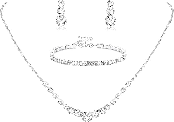 Silver jewelry set for women featuring rhinestone crystal necklace and drop earrings by Cerise Strawberry