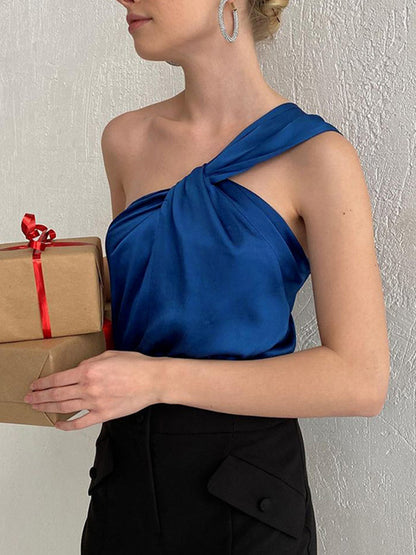 Mauve Ananke Fashionella one-shoulder sexy tank top in black, fitted sleeveless design with elegant shoulder detail.