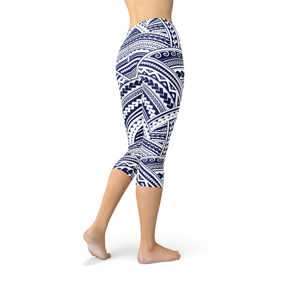 Maroon Sooty Polynesian Maori tattoo design Capri leggings with intricate black tribal patterns on soft fabric