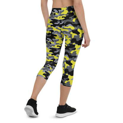 Yellow and gray camo Maroon Sooty activewear capri leggings with a fitted design and elastic waistband.