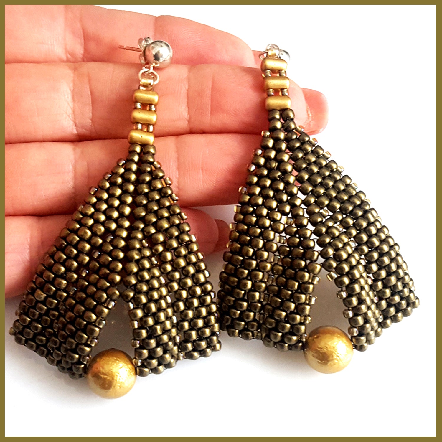 Gold metallic suede and pearl earrings by Maroon Smudge featuring elegant gold and pearl design with a metallic finish.
