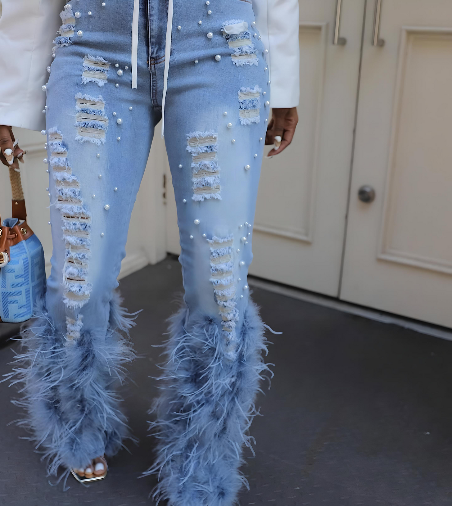 Carmine Juneberry Glam Wool Beaded Jeans – Runway Edition 25, stylish denim jeans with intricate beading and a modern fit.