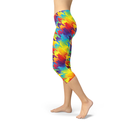 Womens Rainbow Houndstooth Capri Leggings by Maroon Sooty featuring colorful houndstooth pattern and snug, stretchy fit