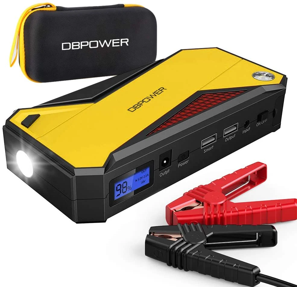 Teal Simba 800A Peak 18000mAh portable car jump starter and battery booster with cables and digital display for automotive use.