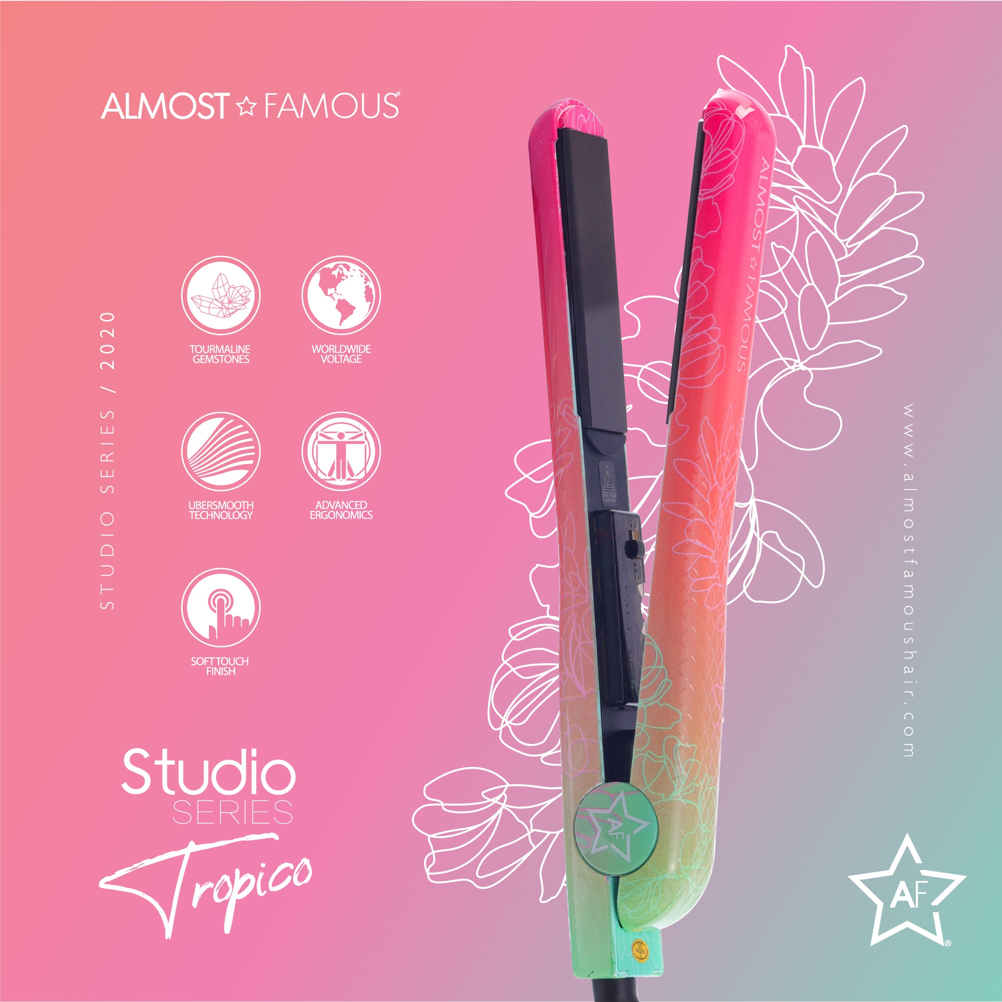 Almost Famous Tropico Studio Flat Iron by Sky Blue Thrace with waterprint design, showcasing its sleek, flat iron styling for hair care.